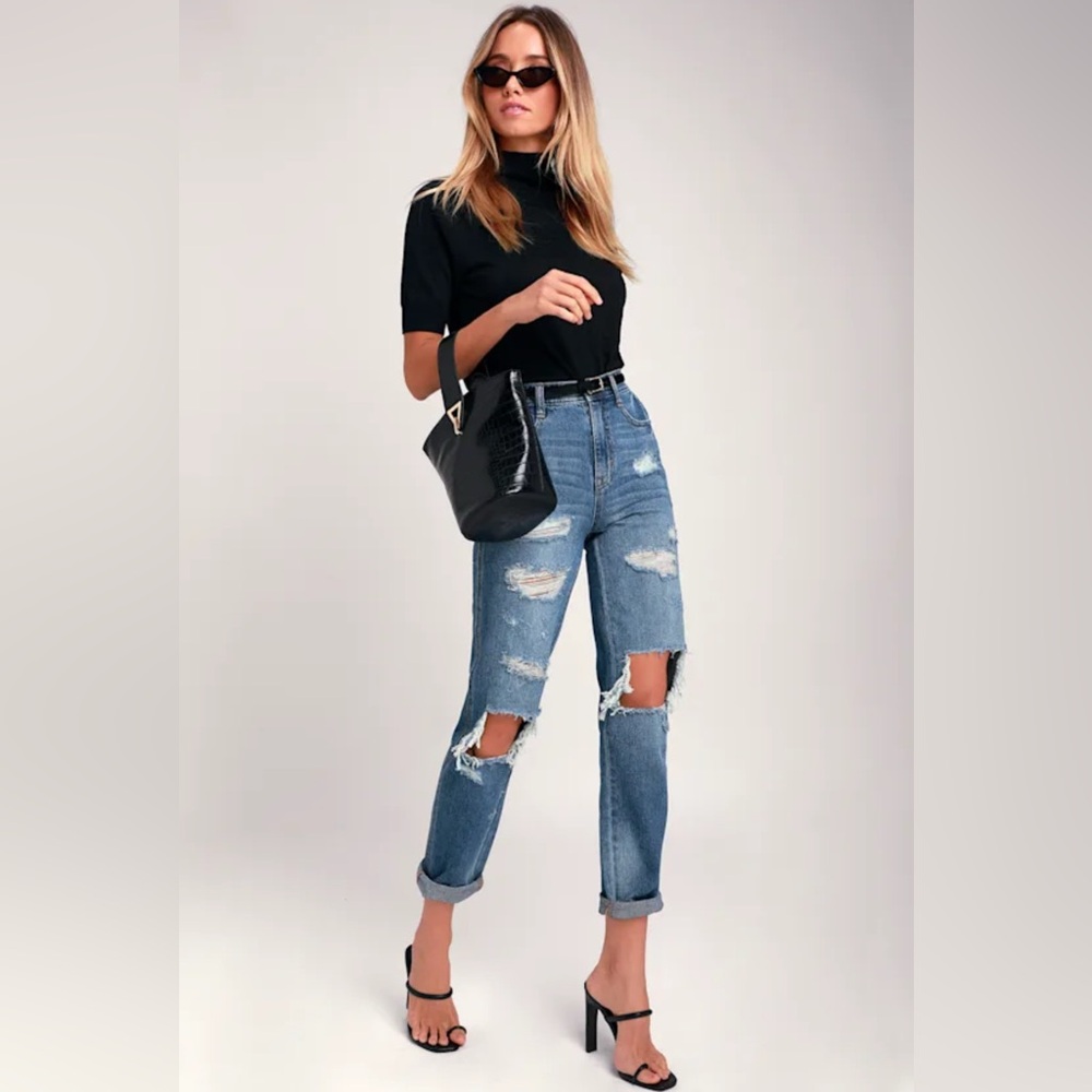 Jordache Heritage Cher Medium Wash High Rise Destroyed Mom Jeans - 24